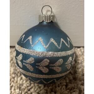 Shiny Brite Heart Waves Stencil On Blue Blown Glass Ornament 2-1/2" Vintage USA